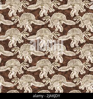 Braun handgezeichnete Spinosaurus fossile Knochen Dinosaurier nahtloses Muster. Geschlechtsspezifische neutrale jurassische Silhouette für die Babykrippe. Home Dekor für Museum Stockfoto