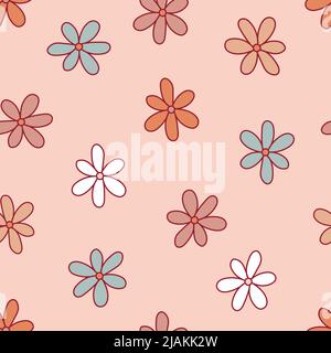 Retro 70s 60s Hippie Groovy Floral Naive Daisy Vektor nahtlose Muster. Boho Blume Kind Blume Macht vibes Hintergrund. Stock Vektor
