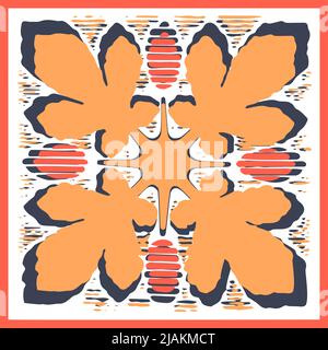 Einfache Blumenornament-Rosette in einem Quadrat. Dekoratives mediterranes Motiv. Florales Mosaik-Fliesenmuster. Orientalisches Arabesken-Muster. Dekor Fliesen g Stock Vektor