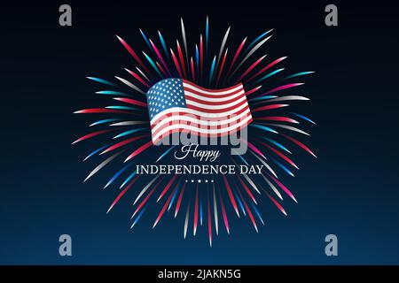 Banner 4.. juli usa Unabhängigkeitstag, Vorlage mit amerikanischer Flagge auf Himmel Hintergrund und buntes Feuerwerk. 4. juli, Nationalfeiertag der USA Stock Vektor
