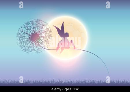 Fairy sitzt auf einer Eselin Silhouette auf Vollmond Nacht Hintergrund Stock Vektor