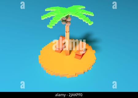 Low-Poly-Insel mit Palmen und Sonnenliege auf blauem Hintergrund. Das Konzept von Urlaub, Sommer, Urlaub. 3D Rendern Stockfoto