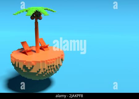 Low-Poly-Insel mit Palmen und Sonnenliege auf blauem Hintergrund. Das Konzept von Urlaub, Sommer, Urlaub. Für Text platzieren. 3D Rendern Stockfoto