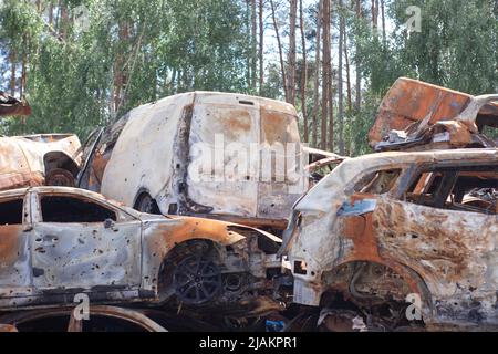 Autofriedhof. Verbrannte und gesprengte Autos. Autos beschädigt nach Beschuss durch russische Invasion. Krieg zwischen Russland und der Ukraine. Terroranschlag Bombe Shell. Katastrophengebiet irpin bucha. Stockfoto