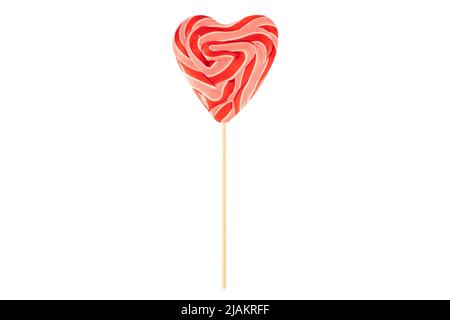 Bunt appetitlich Lutscher isoliert auf weißem Hintergrund mit Clipping Pfad. Herzförmige rote süße Lollipop harte Süßigkeiten auf einem Stock Stockfoto