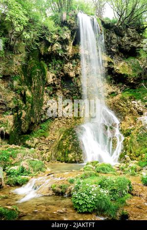 Kleinen Berg Wasserfall auf den Felsen mit Moos im Wald bedeckt Stockfoto