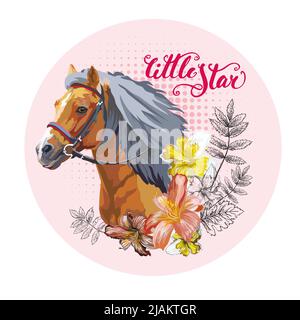 Porträt eines schönen Pferdes, Blumen und Blätter. Handgezeichneter Druck. Vektordarstellung auf weißem Hintergrund isoliert. Für T-Shirt-Komposition, Stock Vektor