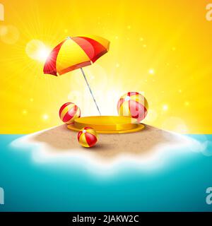 Design der Sommerferienfest mit Podium, Sonnenschirm und Beach Ball auf tropischem Sandy Island Hintergrund. Vektor Festliche Illustration mit Stock Vektor
