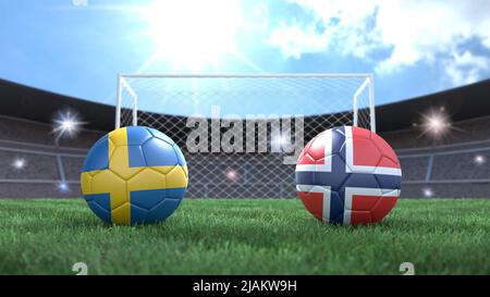 Zwei Fußballbälle in Flaggen-Farben auf Stadion verschwommener Hintergrund. Schweden und Norwegen. 3D Bild Stockfoto