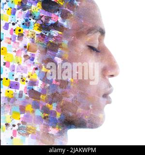 Paintographie. Ein Profilporträt eines Mannes kombiniert mit einem Gemälde Stockfoto
