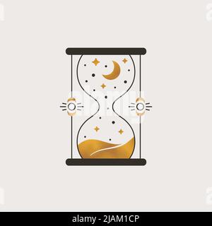 Hourglass-Logo. Trendige Boho-Illustration mit Sandglas, Mond und Sternen. Vektor isolierte esoterische Emblem mit Goldfolie Textur. Stock Vektor