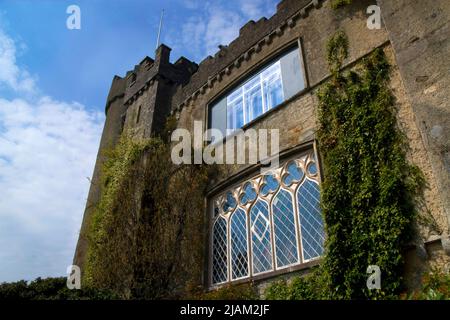 Malahide Castle ist eine normannische Struktur in der nördlichen Grafschaft Dublin, Irland. Es liegt auf 250 Hektar Parkland in der hübschen Küstenstadt Malahide. Stockfoto