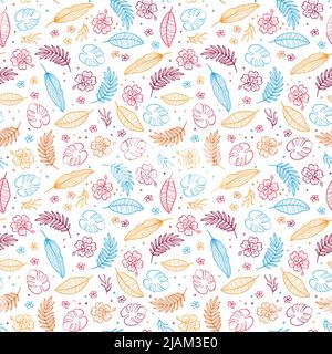 Niedliche handgezeichnete botanische nahtlose Muster, Doodle exotische Blätter, ideal für Sommertextilien, Banner, Tapete, Verpackung - Vektor Stock Vektor
