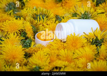 Vitamine in den Delelionen. Eine Flasche mit gelben Pillen in den Blumen des Dandelions, Nahaufnahme Stockfoto