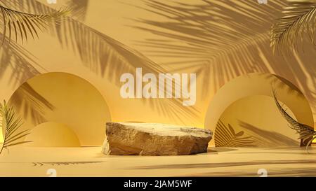 Minimale Podium-Bühne mit organischen Formen. Podium aus Stein auf einem weichen gelben Hintergrund. Die Schatten der Blätter treffen auf die zylindrische Wand. Steinplattform. Stockfoto