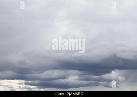 Niedrige dichte graue Regenwolken. Der Himmel ist fast vollständig mit Cumulonimbuswolken bedeckt. Blick vom Boden. Stockfoto