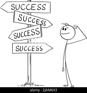 Person oder Geschäftsmann stehen an der Kreuzung, entscheiden und wählen Sie aus Erfolg Entscheidungen, Vektor Cartoon Stick Figur Illustration Stock Vektor