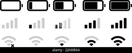 Symbole für den Status der Telefonleiste, Akkusymbol, WLAN-Signalstärke. Vektor für Telefon Stock Vektor