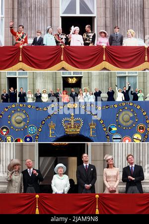 Fotos von Königin Elizabeth II., umgeben von ihrer Familie, von oben nach unten datiert, 7/6/1977, 4/6/2002 und 5/6/2012, auf dem Balkon des Buckingham Palace während der Jubilee-Feierlichkeiten. Ausgabedatum: Dienstag, 31. Mai 2022. Stockfoto