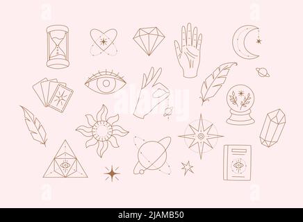 Esoterische Elemente Kollektion. Magische Symbole minimalistische Symbole, Planeten, Hände und Kristalle, Karten und Augen. Handgezeichnete lineare Vektordarstellung Stock Vektor