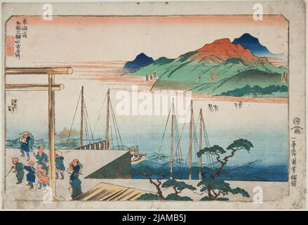Hafen in Miya und ein Blick auf die Stadt Yokkaichi, Ishiyakushi und Kuwana, aus der Serie: Berühmte Ansichten von 53 Haltestellen bei Gościniec Tōkaidō / Tōkaidō Gojūsan EKI des Jahres shuku Meisho Utagawa, kuniyoshi (1797 1861) Stockfoto