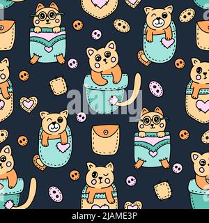 Niedliche Katze in der Tasche kawaii nahtlose Vektor-Muster - Kinder Illustration Stock Vektor