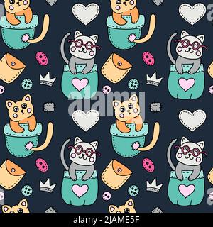 Niedliche Katze in der Tasche kawaii nahtlose Vektor-Muster - Kinder Illustration Stock Vektor