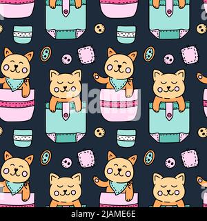 Niedliche Katze in der Tasche kawaii nahtlose Vektor-Muster - Kinder Illustration Stock Vektor