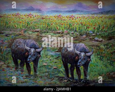Handgemalte originale Meisterwerke des Impressionismus Malerei Kunst Ölfarbe Malerei Pflugmann Büffel Überfluss Landwirt in den Provinzen in thailand Stockfoto