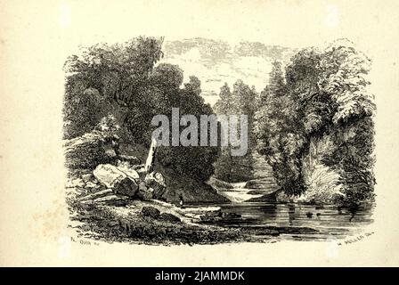 KASKADE DER ALHAMBRA aus dem Buch "Trenton Falls, picturesque and descriptive" von Nathaniel Parker Willis, John Sherman, ILLUSTRATIONEN VON ORIGINALENTWÜRFEN VON HEINE, KUMMER UND MULLER Erscheinungsdatum 1851 Herausgeber/Verlag New York : G.P. Putnam [Trenton Falls ist ein Wasserfall am West Canada Creek in Trenton, New York. Die landschaftlich schönen Wanderwege wurden von Brookfield Renewable Power und der Stadt Trenton entwickelt. Die Wasserfälle wurden und werden seit Anfang des 20. Jahrhunderts zur Erzeugung von Strom aus Wasserkraft verwendet und tun dies auch heute noch.] Stockfoto