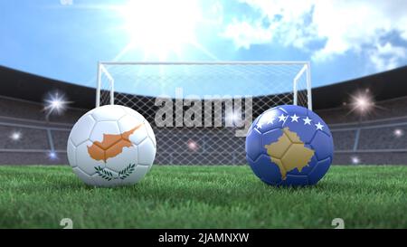 Zwei Fußballbälle in Flaggen-Farben auf Stadion verschwommener Hintergrund. Zypern und Kosovo. 3D Bild Stockfoto