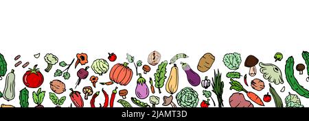 Leckeres Gemüse. Gartenfrüchte. Essbare Lebensmittelpflanzen. Durchgängiges, nahtloses Bild, handgezeichnete Umrisse. Unterer Rand am Rand. Isoliert auf Weiß Stock Vektor