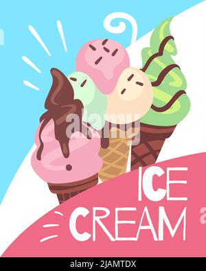 Eiscreme-Banner. Drei verschiedene Desserts in Waffelkegel und Text, vertikales Sommerposter, Pistazien-Vanille und Erdbeereis, Eisbecher-Shop oder Stock Vektor