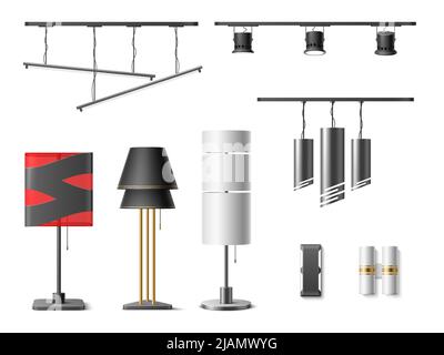 Realistische Lampen. Verschiedene Arten von Boden-, Hänge- und Tischlampen, Loft-Kronleuchter, moderne Raumleuchten, gemütliche minimalistische Stil Innenraum 3D Objekte Stock Vektor
