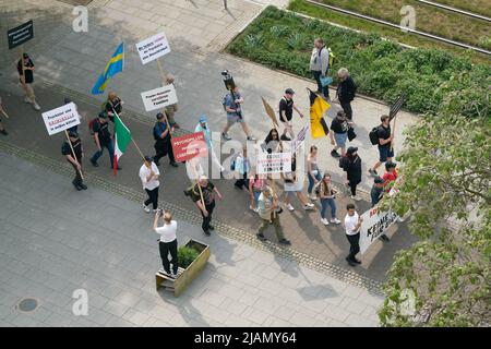 Protest gegen den Kongress der Deutschen Kinder- und Jugendpsychiatrie in Magdeburg. Übersetzung auf dem Schild: Psychiater sind Kriminelle in weißem echtheitszertifikat Stockfoto