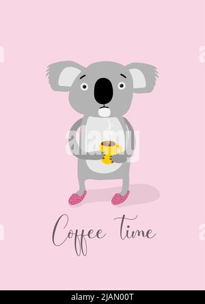 Vektorisierte Illustration eines Koalas, der Kaffee trinkt, um mit weit geöffneten Augen auf einem rosa Hintergrund mit weißen Punkten wach zu bleiben und Pantoffeln trägt. Stock Vektor