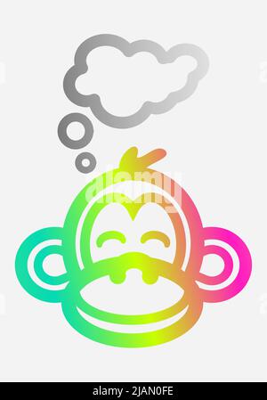 Abbildung einer dicken Linie mit einem bunten Verlauf des Gesichts eines Affen mit geschlossenen Augen und einem Denken mit einer Gedankenwolke darüber. Stock Vektor