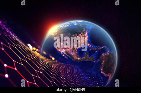 Globales Netzwerk in der Umlaufbahn des Planeten Erde. Blick vom Weltraum bei Nacht Stadt und Sonnenaufgang. 3D Abbildung. Elemente dieses Bildes werden von der NASA eingerichtet Stockfoto