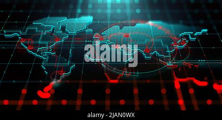 Abstrakte Karte der Kontinente. Globalisierung und Geopolitik in der Hightech-Welt der Zukunft. 3D Darstellung von Kommunikation und Datenaustausch Stockfoto