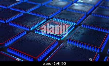 Futuristische CPU. Datenbank, Rechenzentrum. Quantenprozessor im globalen Computernetzwerk. 3D Illustration des digitalen Cyberspace Stockfoto