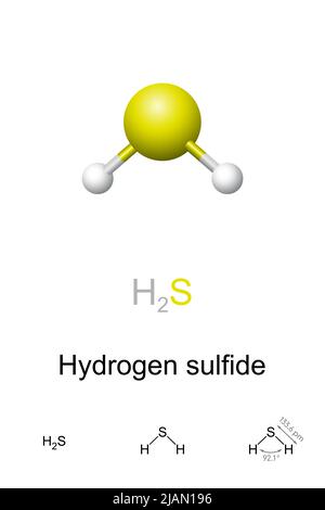 Schwefelwasserstoff, Ball-and-Stick-Modell, molekulare und chemische Formel. Chemische Verbindung mit Formel H2S. Stockfoto