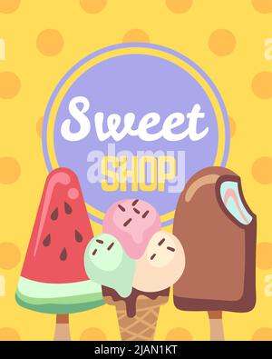 Poster im Süßgeschäft. Eis Sommer Banner, drei verschiedene Desserts in Waffelkegel und auf Stick, Wassermelone Vanille und Schokolade Eis, Café Stock Vektor