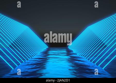 Korridor aus blauen Neonlinien über dem Wasser. 3D Rendern Stockfoto