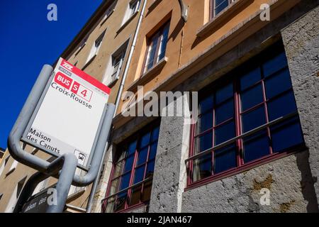 La Maison des Canuts - Arbeiterhaus Silks, Bezirk Croix-Rousse, Lyon, Region Auvergne Rhone-Alpen, Zentralfrankreich Stockfoto