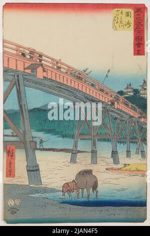 Okazaki-Brücke über den Yahagi-Fluss, Tafel 39 aus der Serie: Präsentation berühmter Stadtviertel der 53 Etappen der Tokaido-Straße/Gojusan tsugi meisho zue Stockfoto