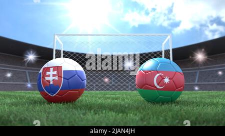 Zwei Fußballbälle in Flaggen-Farben auf Stadion verschwommener Hintergrund. Slowakei und Aserbaidschan. 3D Bild Stockfoto