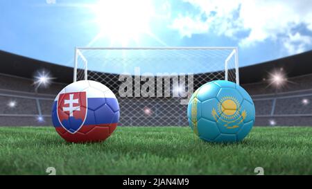 Zwei Fußballbälle in Flaggen-Farben auf Stadion verschwommener Hintergrund. Slowakei und Kasachstan. 3D Bild Stockfoto