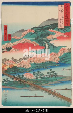 Togetsu-Brücke und Mount Arashiyama in der Provinz Yamashiro, Tafel 1 aus der Serie: Ansichten berühmter Orte in etwa sechzig Provinzen /Rokuju yoshu meisho zue Stockfoto