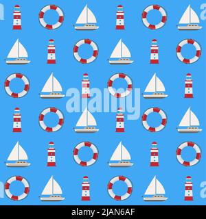 Blauer maritimer nahtloser Hintergrund mit Leuchtturm, Segelboot und Rettungsboje, flaches Design Vektor-Illustration Stock Vektor