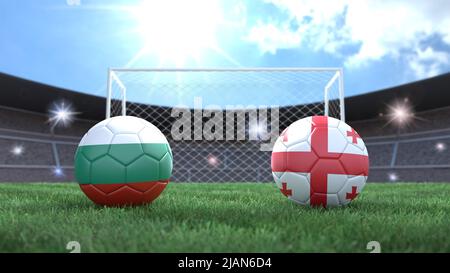 Zwei Fußballbälle in Flaggen-Farben auf Stadion verschwommener Hintergrund. Bulgarien und Georgien. 3D Bild Stockfoto